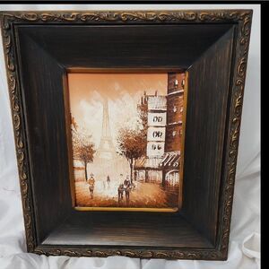Sepia Oil Painting Of Eiffel Tower Scene Wooden Brushed Bronzed Frame